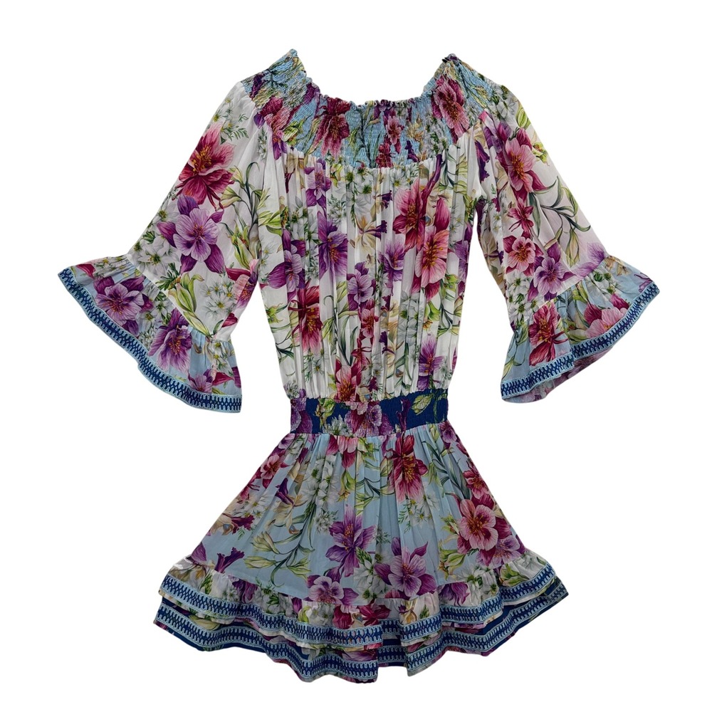 TAJ by Sabrina Crippa Dress Womens Size M Blue Floral Smocked Ruffle Mini Dress